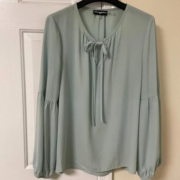 Karl Lagerfeld Pale Blue/Green Semi-Sheer Blouse - Picture 1 of 13